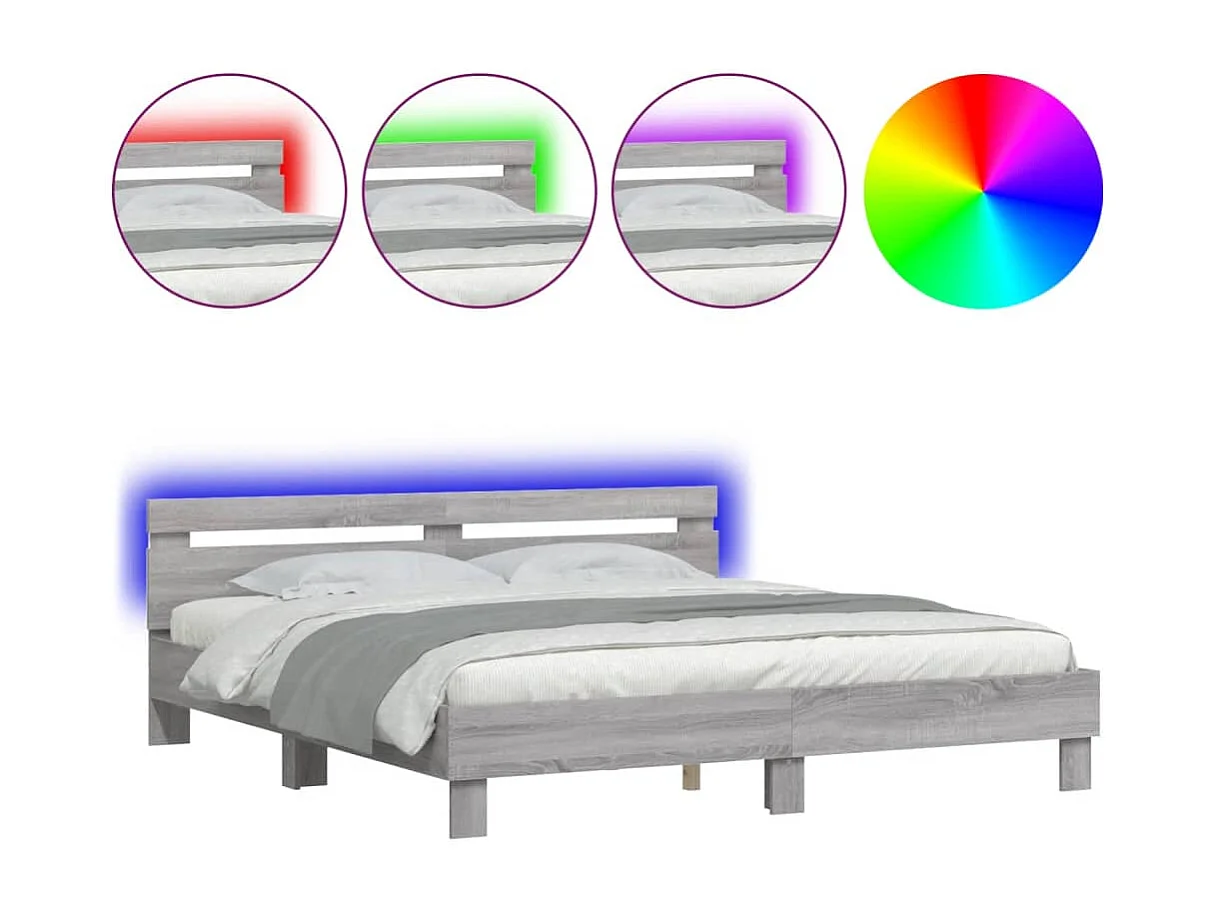 Cama -200x200 cm cabecero y luces LED gris Sonoma YOE72869