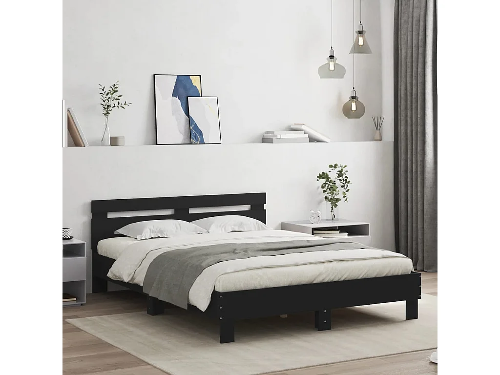 Cama com cabeceira e luzes LED 140x200 cm preto PT499205