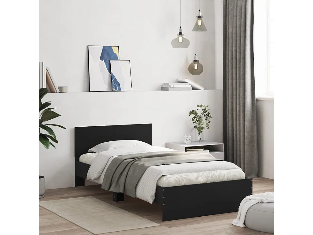 Lit-100x200 cm et tête de lit noir bois d'ingénierie HOQW95632