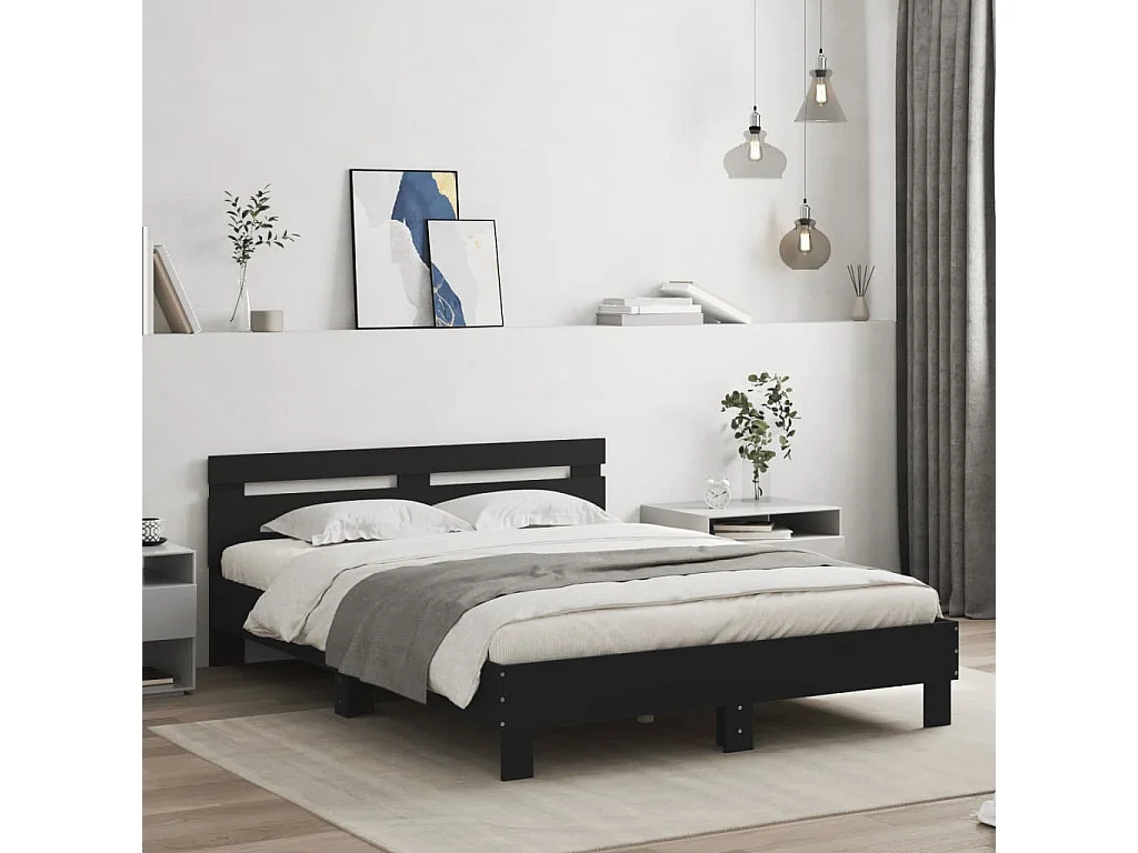 Lit-140x190 cm + tête de lit noir bois d'ingénierie HOQW49343