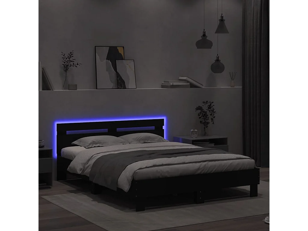 Lit-150x200 cm + tête de lit et LED noir HOQW72026