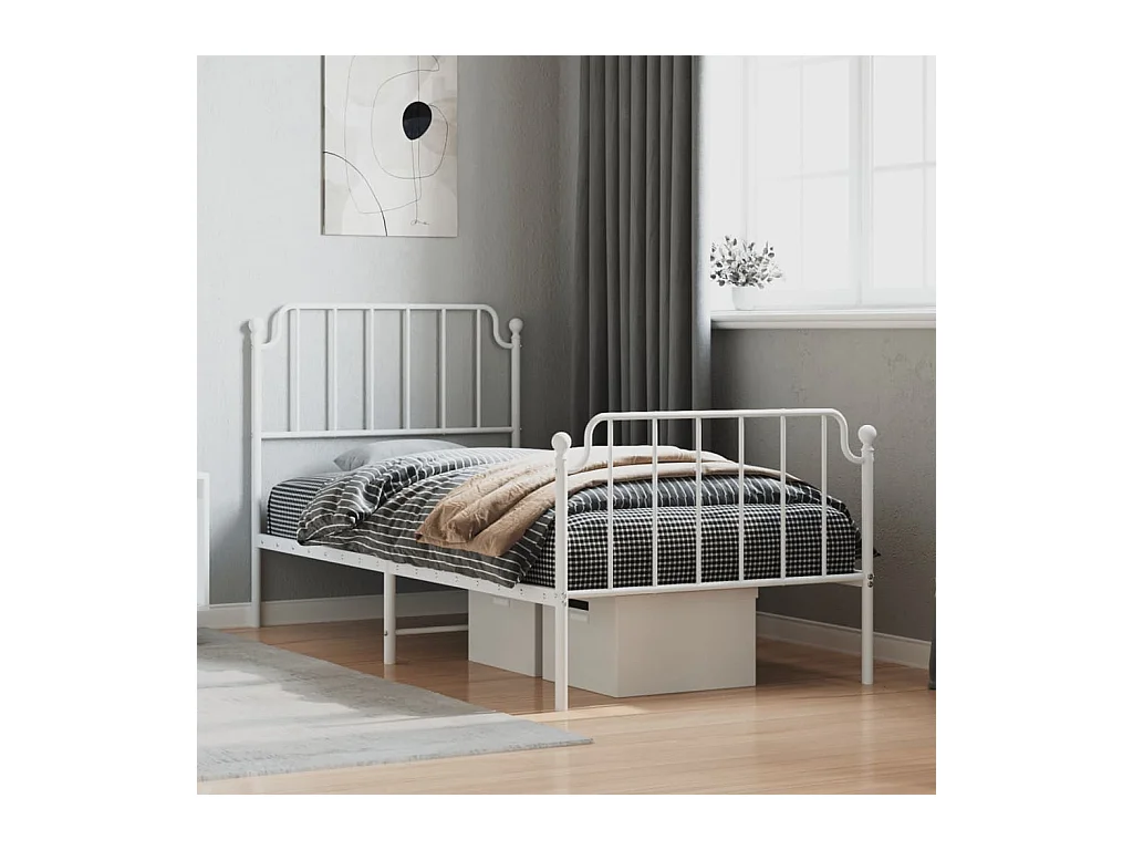 Lit-90x190 cm métal + tête de lit/pied de lit blanc HOQW75335