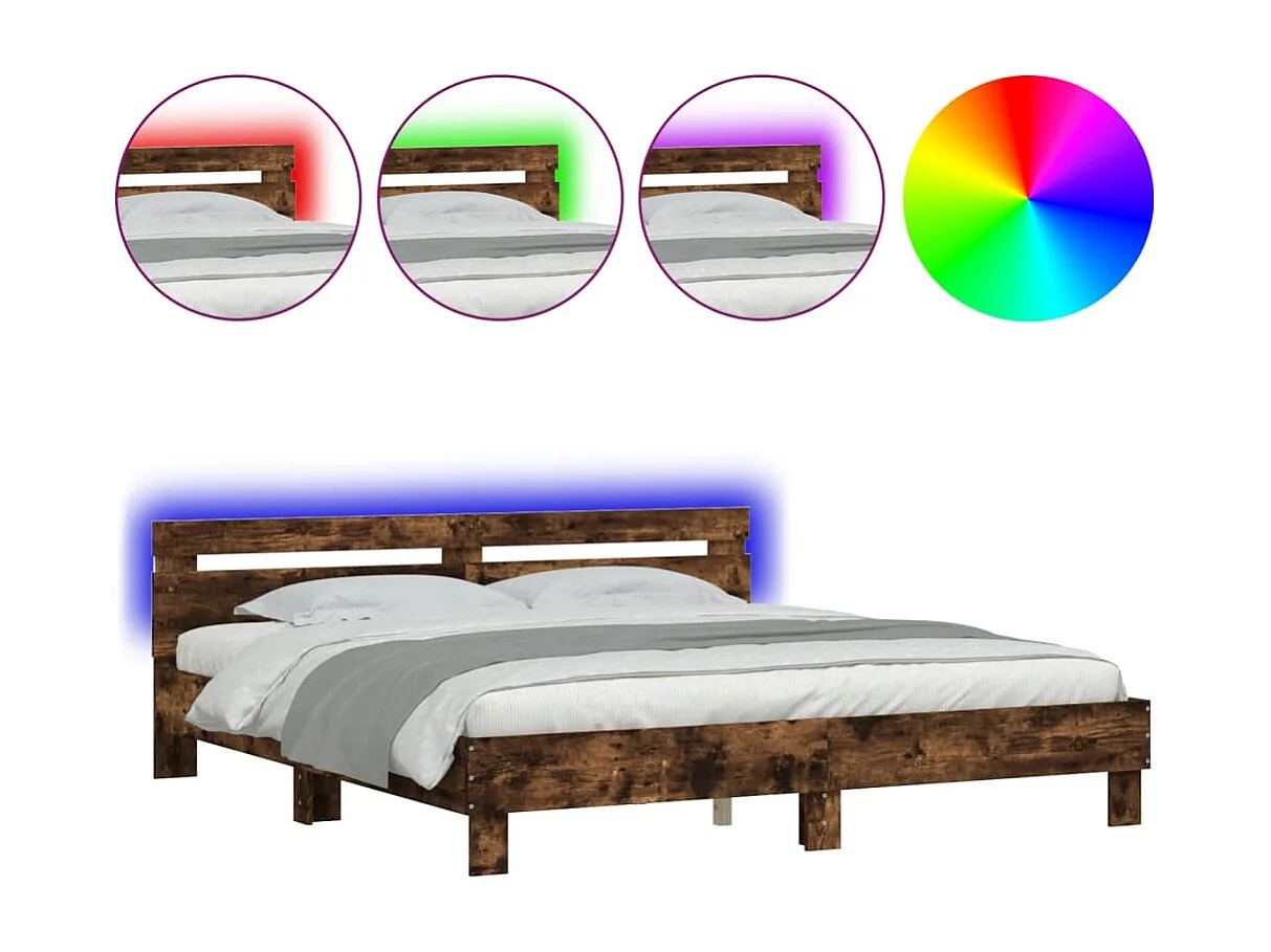 Cama c/ cabeceira/luzes LED 180x200cm carvalho fumado PT331291