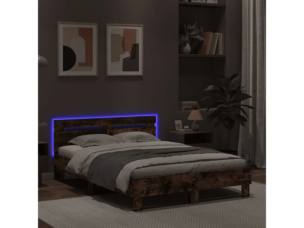 Cama c/ cabeceira/luzes LED 120x200cm carvalho fumado PT810096