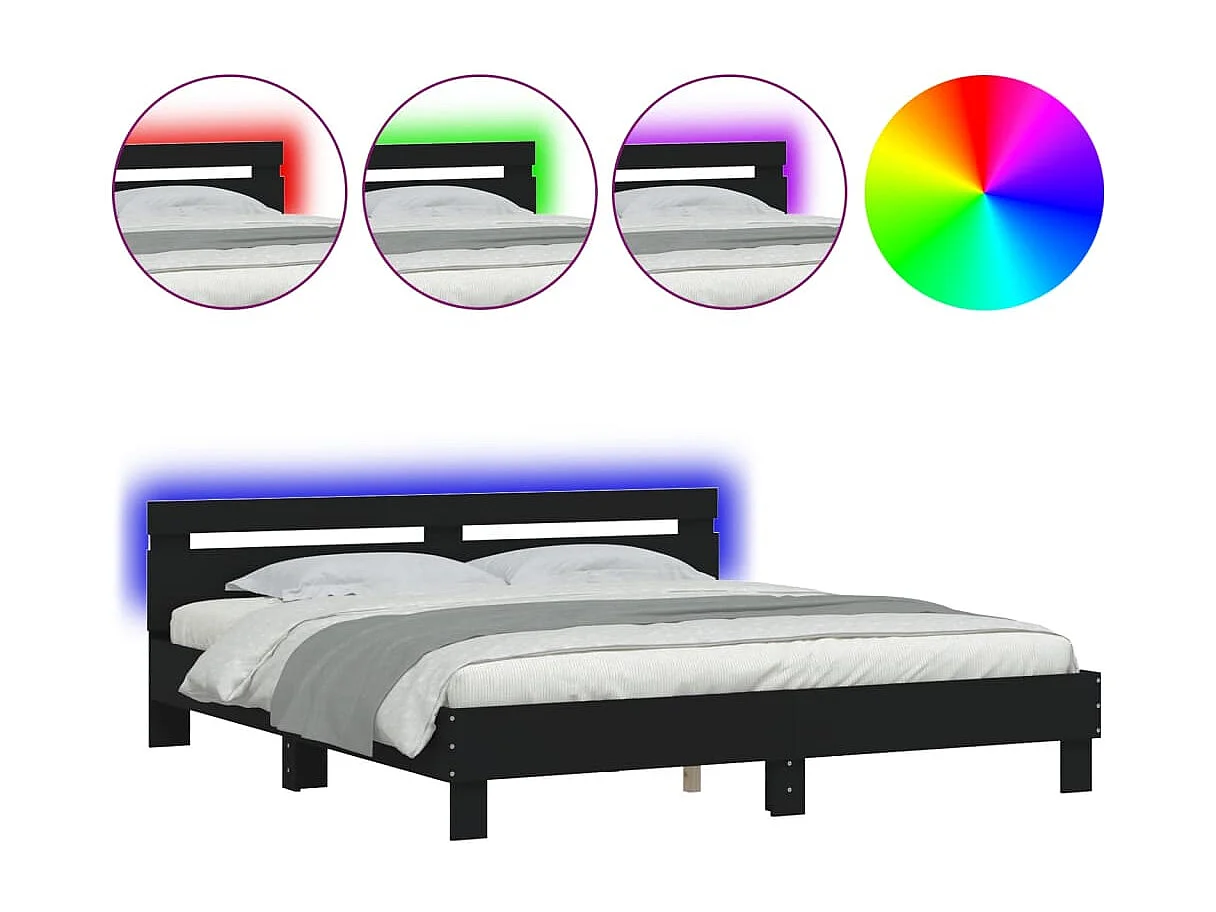 Lit-180x200 cm + tête de lit et LED noir HOQW78988