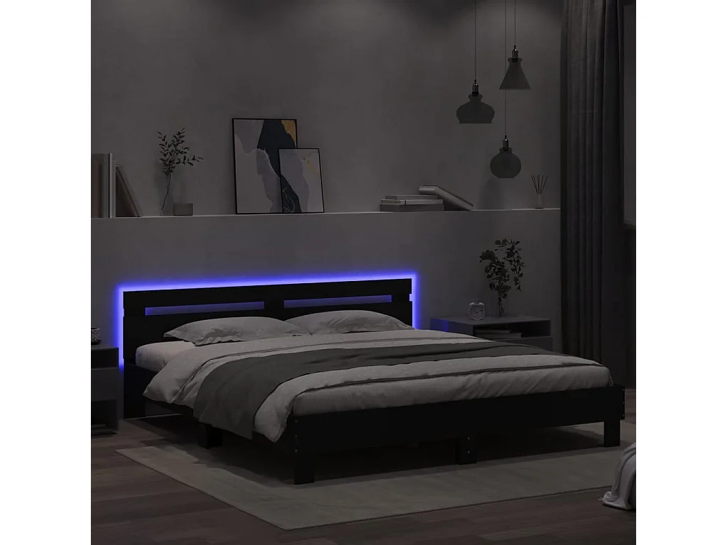 Lit-180x200 cm + tête de lit et LED noir HOQW78988