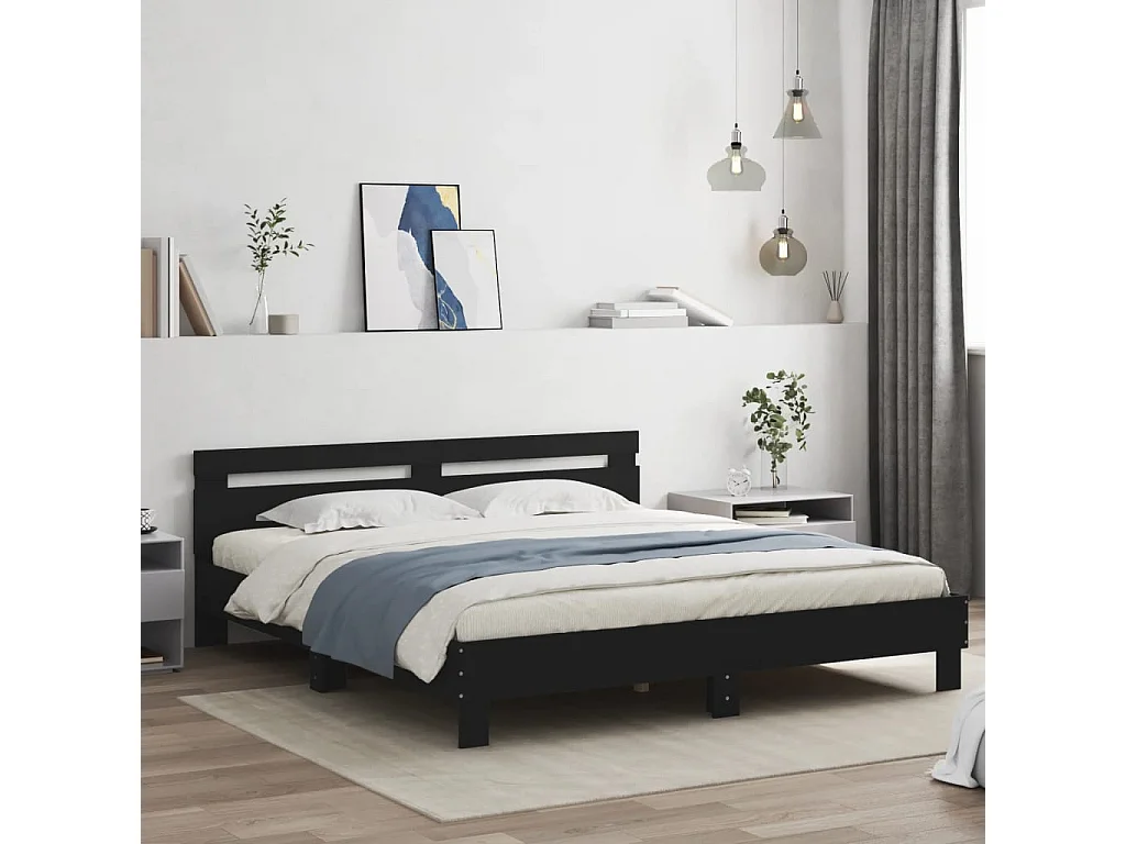 Cama -180x200 cm cabecero y luces LED negra YOE14229