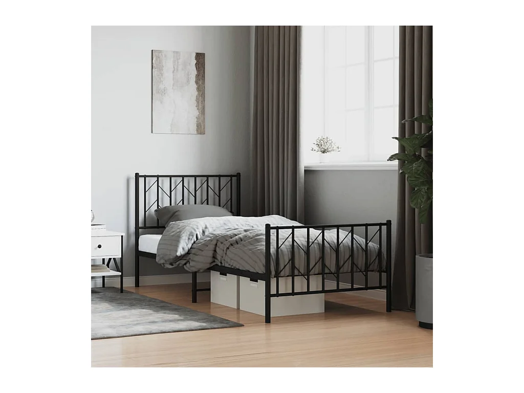 Lit-90x190 cm métal + tête de lit/pied de lit noir HOQW16988