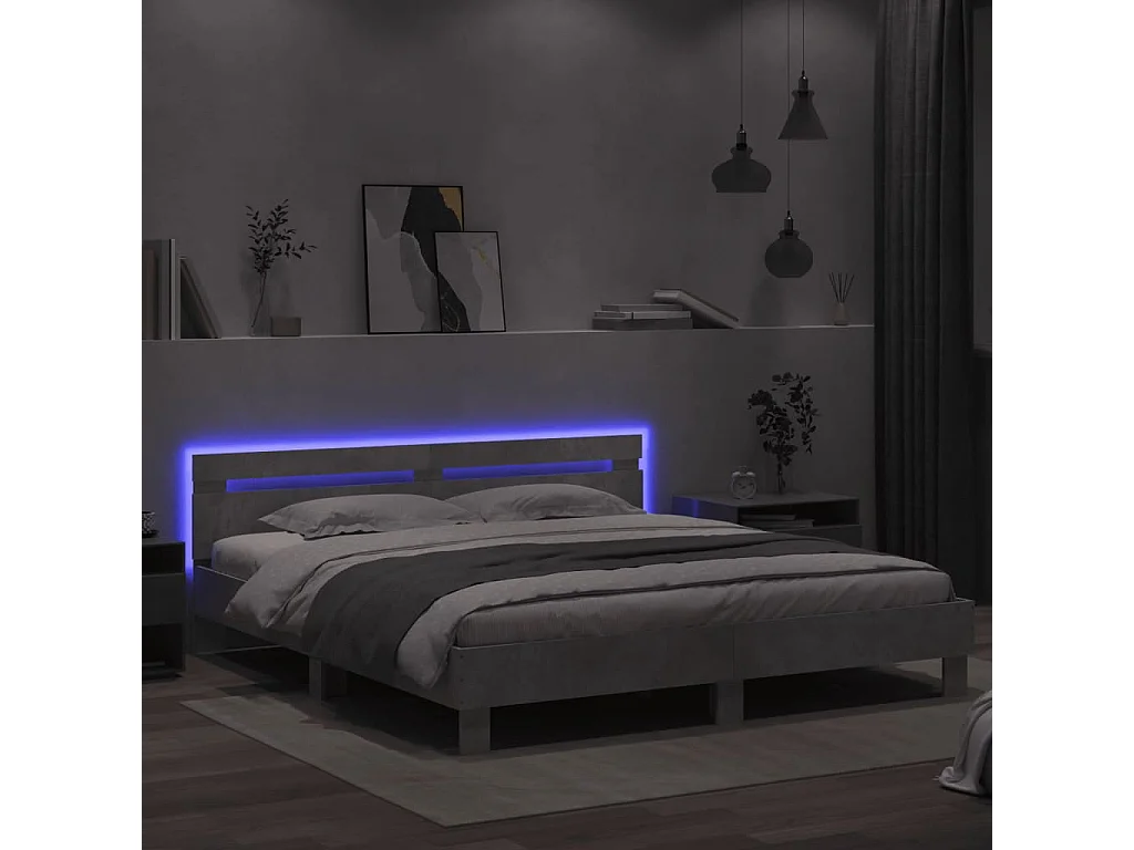 Cama -200x200 cm cabecero y luces LED gris hormigón YOE61187