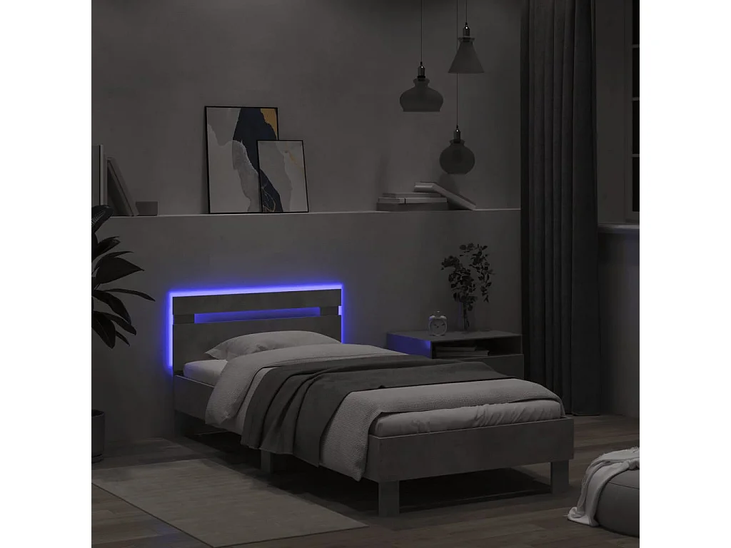 Lit-100x200 cm tête de lit et lumières LED gris béton HOQW76613