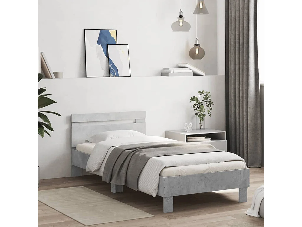 Bedframe met hoofdbord bewerkt hout betongrijs 75x190 cm NL97724