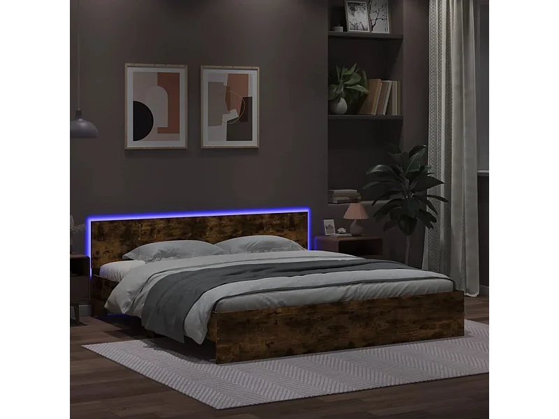 Cama c/ cabeceira/luzes LED 200x200cm carvalho fumado PT511319