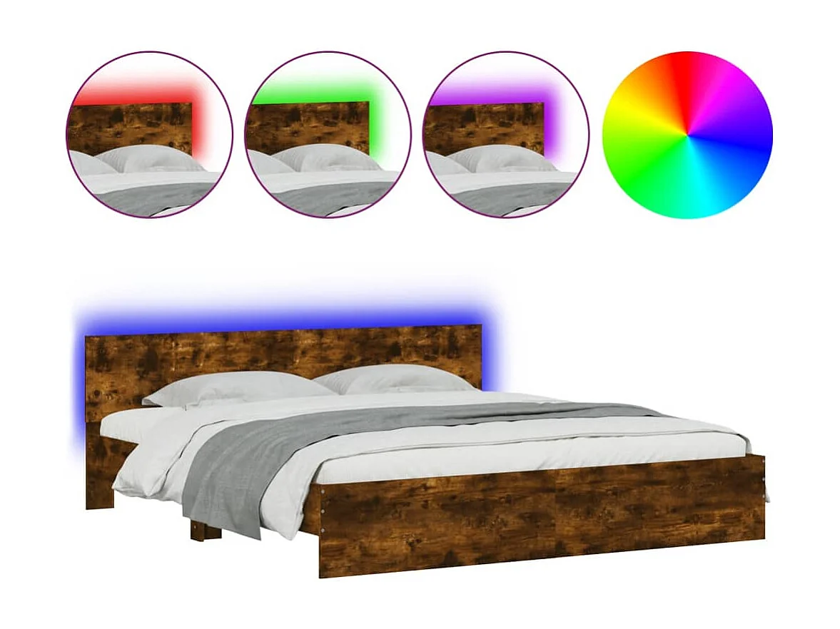 Lit-200x200 cm + tête de lit et LED chêne fumé HOQW16299