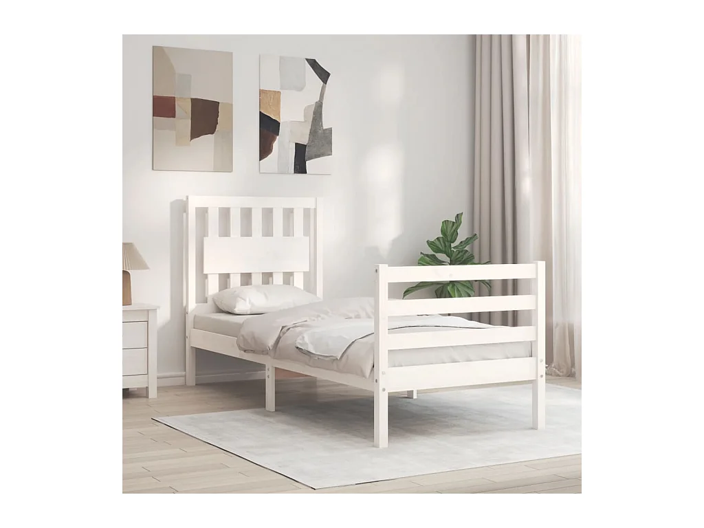 Cama -75x190 cm individual con cabecero madera maciza blanco YOE