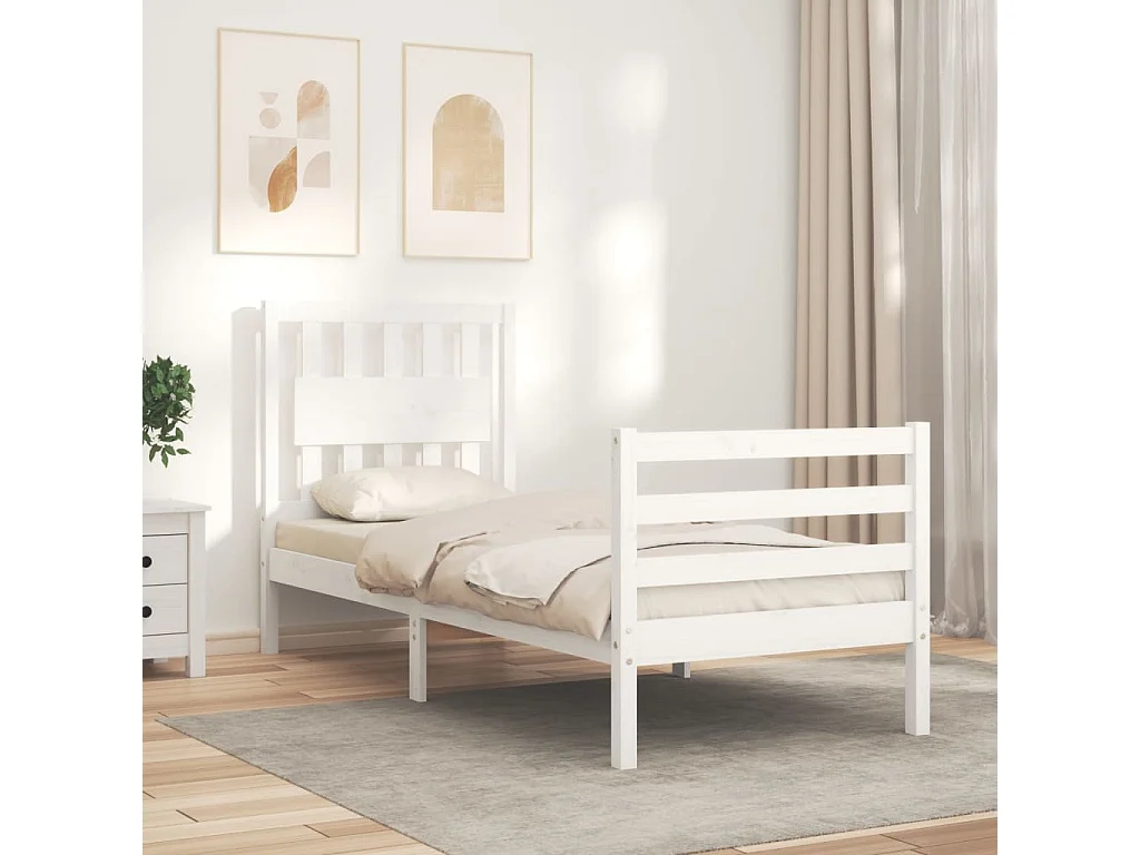Lit-75x190 cm + tête de lit blanc petit simple bois massif HOQW14891