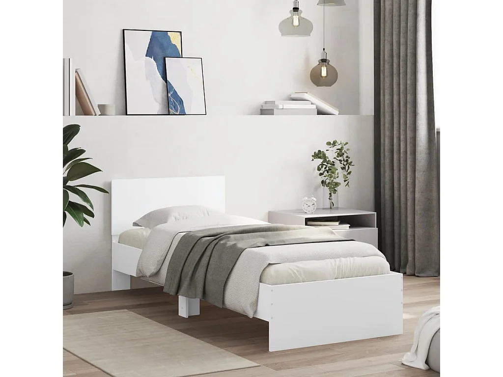 Cama com cabeceira e luzes LED 90x200 cm branco PT484351