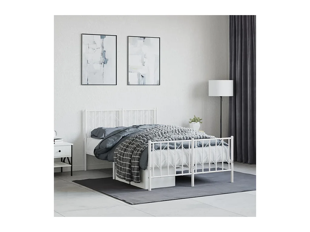 Lit-120x190 cm métal + tête de lit/pied de lit blanc HOQW13443