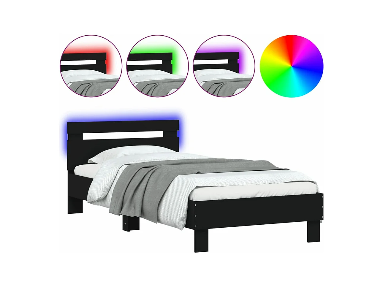 Lit-90x200 cm + tête de lit et lumières LED noir HOQW72659