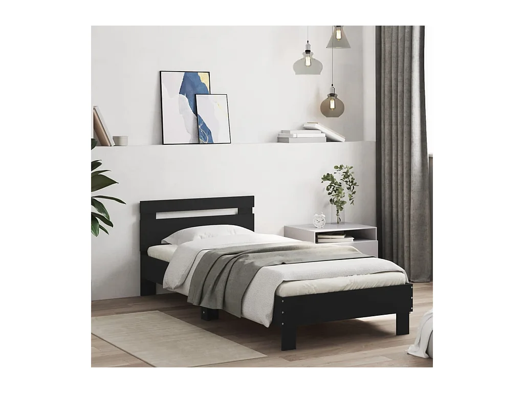 Lit-90x200 cm + tête de lit et lumières LED noir HOQW72659