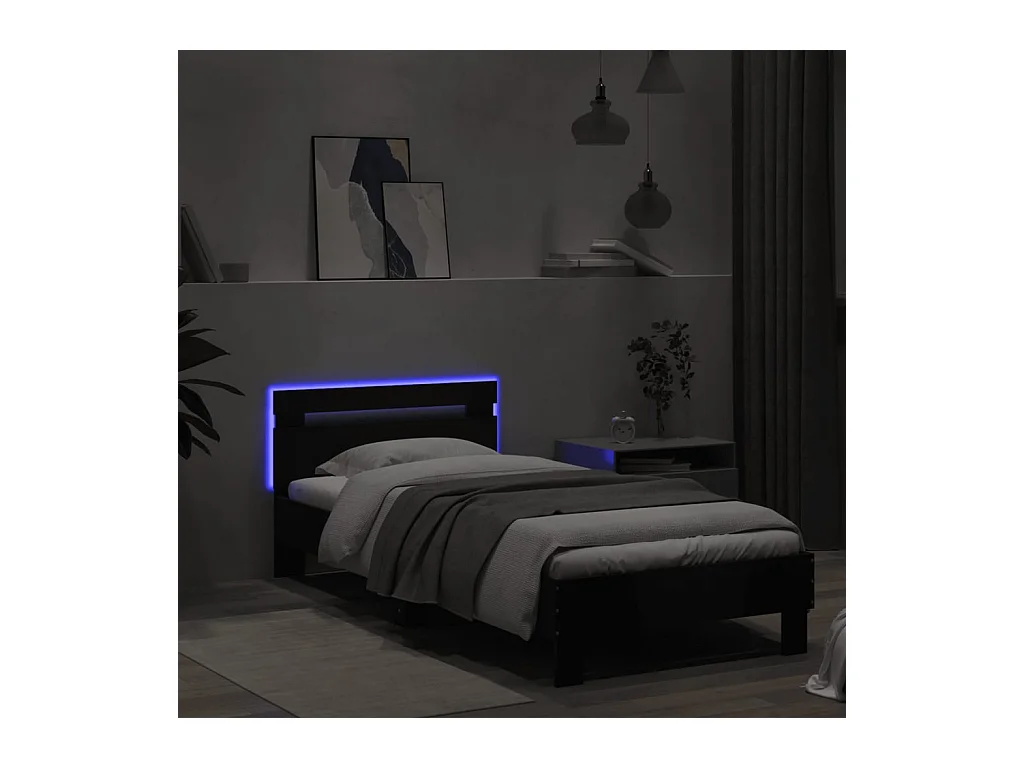 Lit-90x200 cm + tête de lit et lumières LED noir HOQW72659