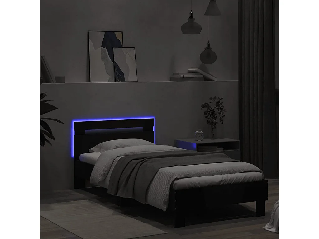 Cama - 90x200 cm com cabeceira e luzes LED preto PT373038