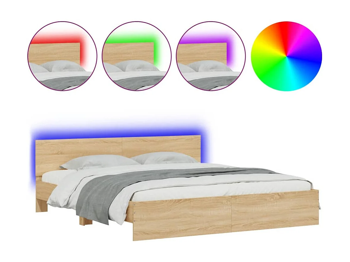 Cama c/ cabeceira/luzes LED 200x200cm carvalho sonoma PT806208