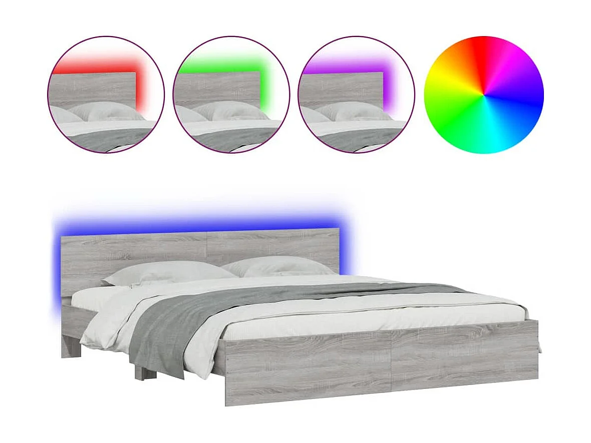 Cama c/ cabeceira/luzes LED 200x200cm cinzento sonoma PT483093