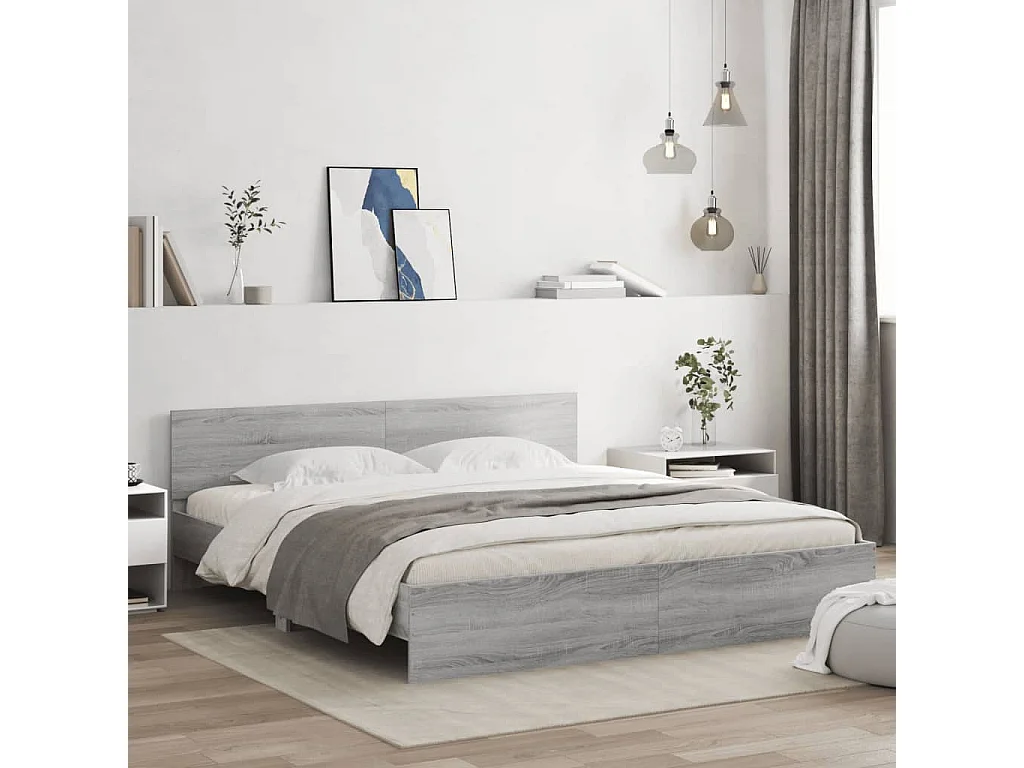 Cama c/ cabeceira/luzes LED 200x200cm cinzento sonoma PT483093