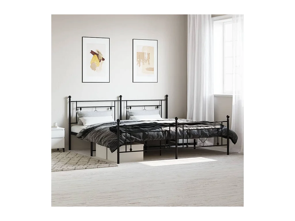 Lit-193x203 cm métal + tête de lit/pied de lit noir HOQW73721
