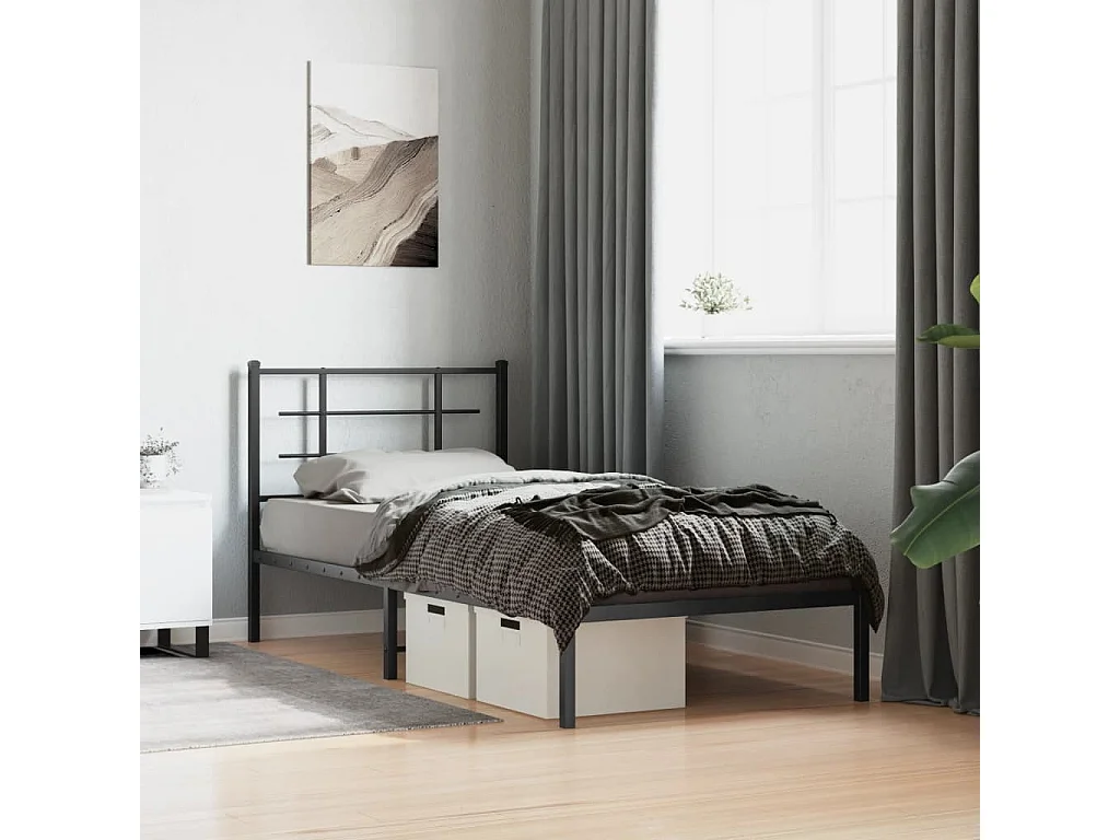 Lit-90x190 cm métal + tête de lit noir HOQW54077