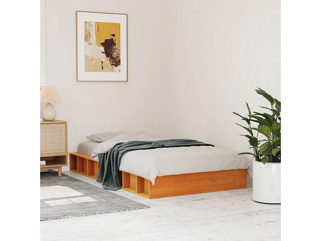 Cama 90x200 cm madeira pinho maciça castanho cera PT216035