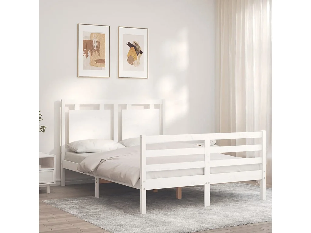 Lit-135x190 cm + tête de lit blanc double bois massif HOQW81199