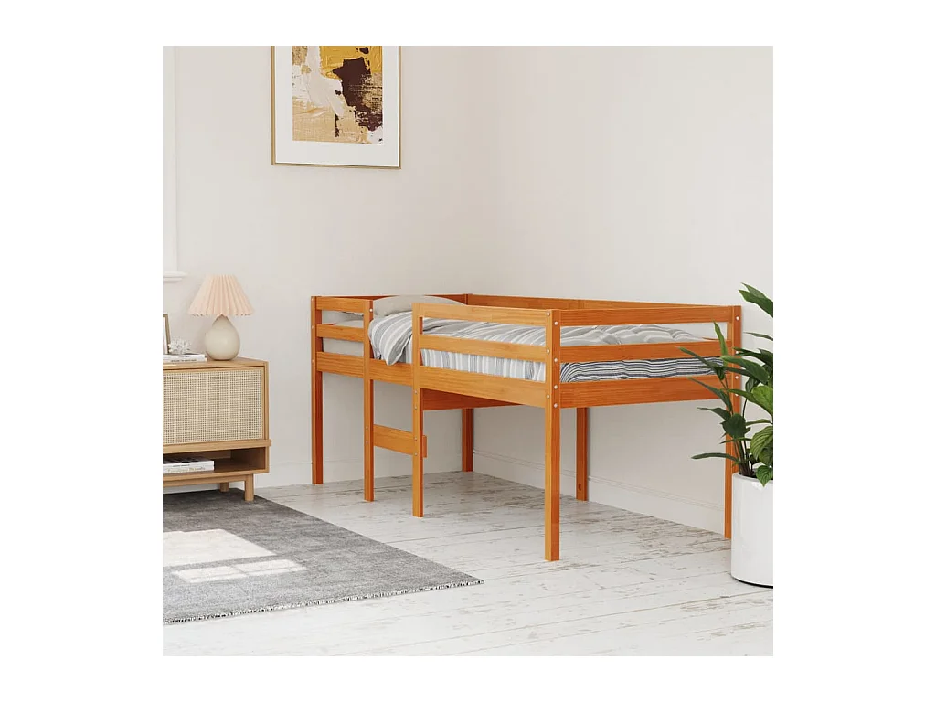 Lit haut-90x190 cm cire marron bois de pin massif HOQW77053