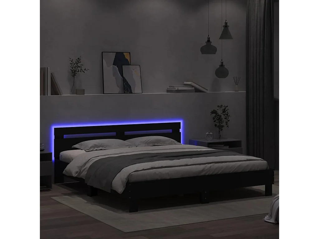 Lit-160x200 cm + tête de lit et LED noir HOQW66423