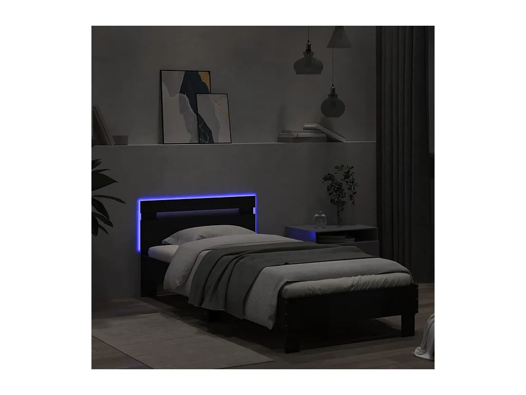 Cama c/ cabeceira e luzes LED 90x190 cm preto PT782455