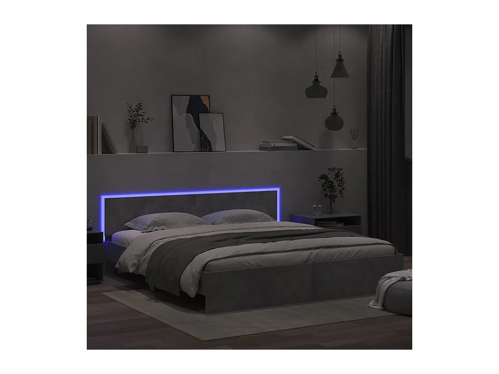 Lit-200x200 cm + tête de lit et LED gris béton HOQW48464