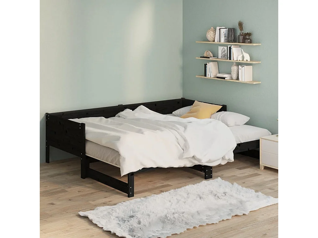 Lit gigogne Noir Bois de pin solide 2x(90x200) cm HOQW92273