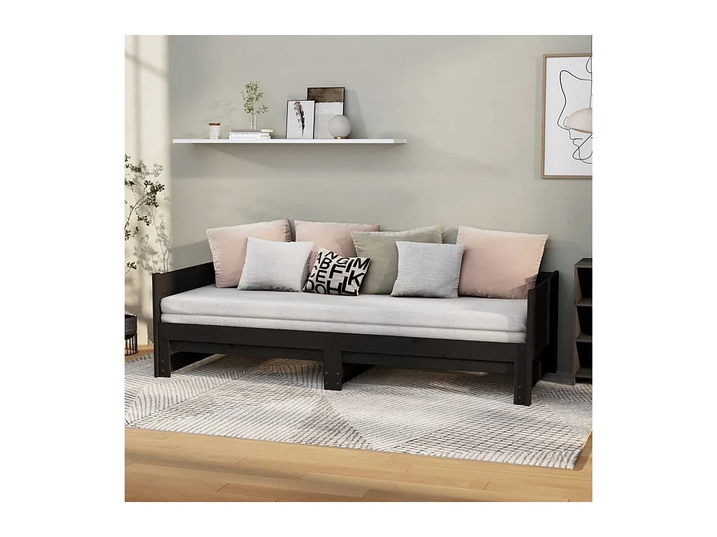 Lit gigogne Noir Bois de pin solide 2x(90x200) cm HOQW92273