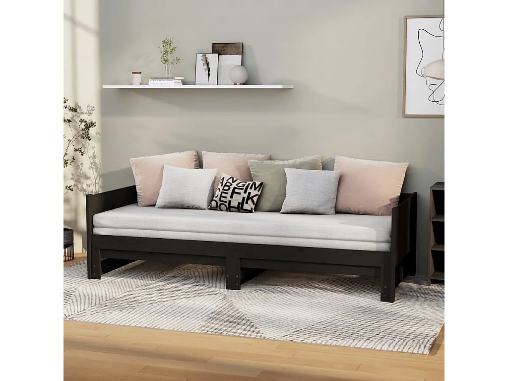 Lit gigogne Noir Bois de pin solide 2x(90x200) cm HOQW92273