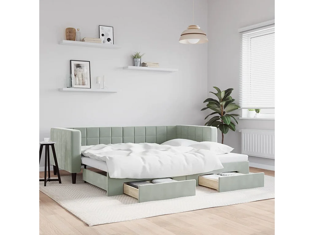 Sofá-cama 90x200 cm c/ gavetão e gavetas veludo cinzento-claro PT543402