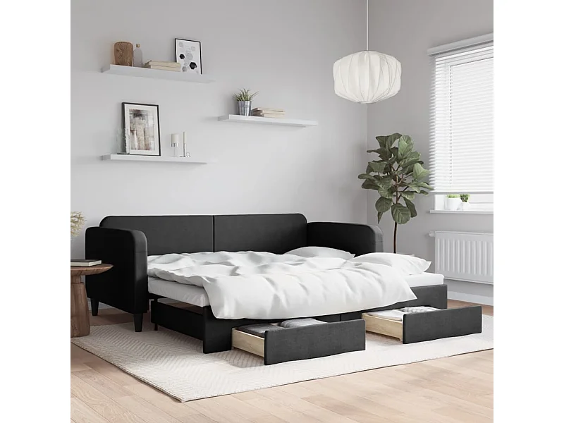 Tagesbett Ausziehbar,Ausziehbett mit Schubladen Schwarz 90x190 cm Stoff -gkd15529