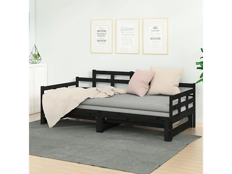 Lit gigogne Noir Bois de pin solide 2x(90x200) cm HOQW60359