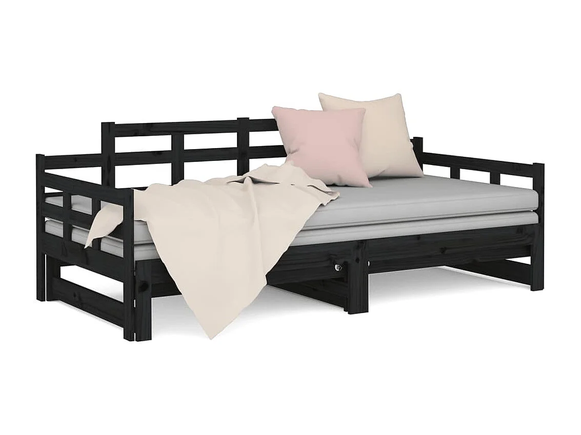 Lit gigogne Noir Bois de pin solide 2x(90x200) cm HOQW60359