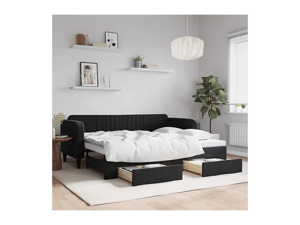 Lit gigogne et tiroirs noir 90x200 cm velours WVGQ1115