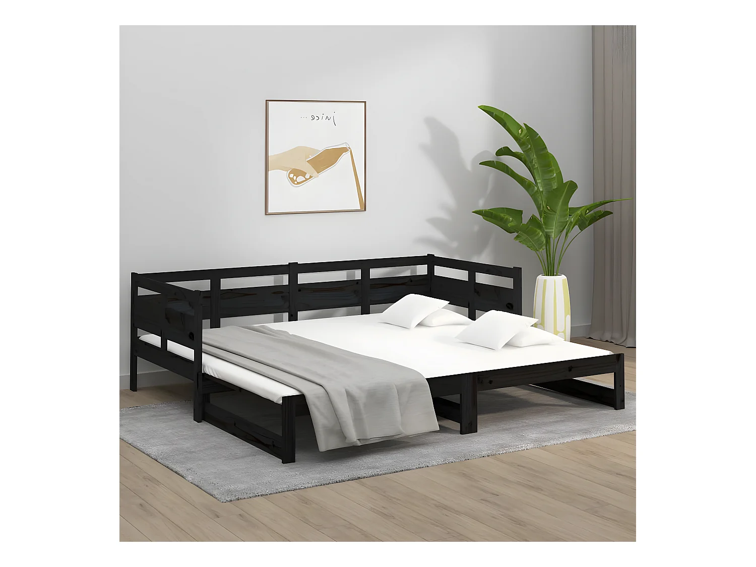 Lit gigogne Noir Bois de pin solide 2x(90x190) cm HOQW35304