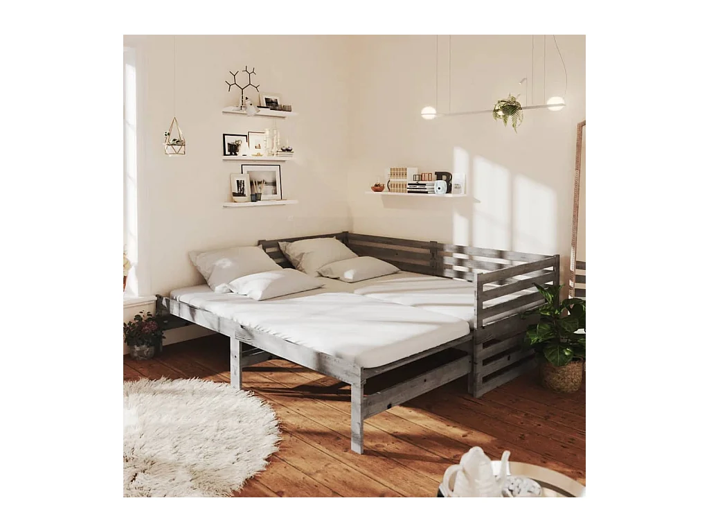 Lit gigogne Gris Bois de pin massif 2x(90x200) cm HOQW20285