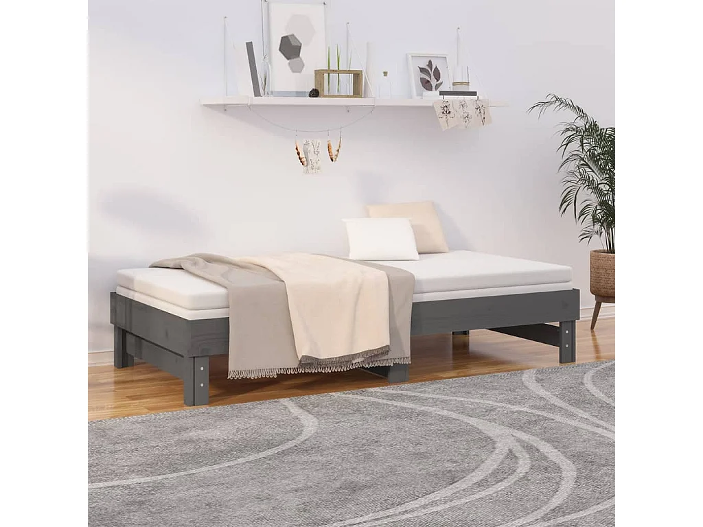 Lit gigogne Gris 2x(90x190) cm Bois de pin massif HOQW84440