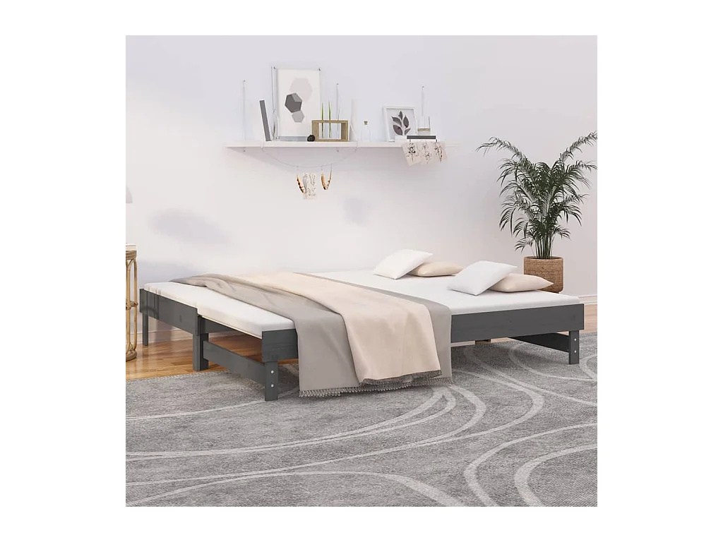 Lit gigogne Gris 2x(90x190) cm Bois de pin massif HOQW84440