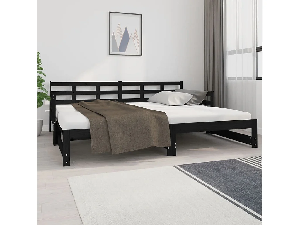 Lit gigogne Noir Bois de pin massif 2x(90x200) cm HOQW77571