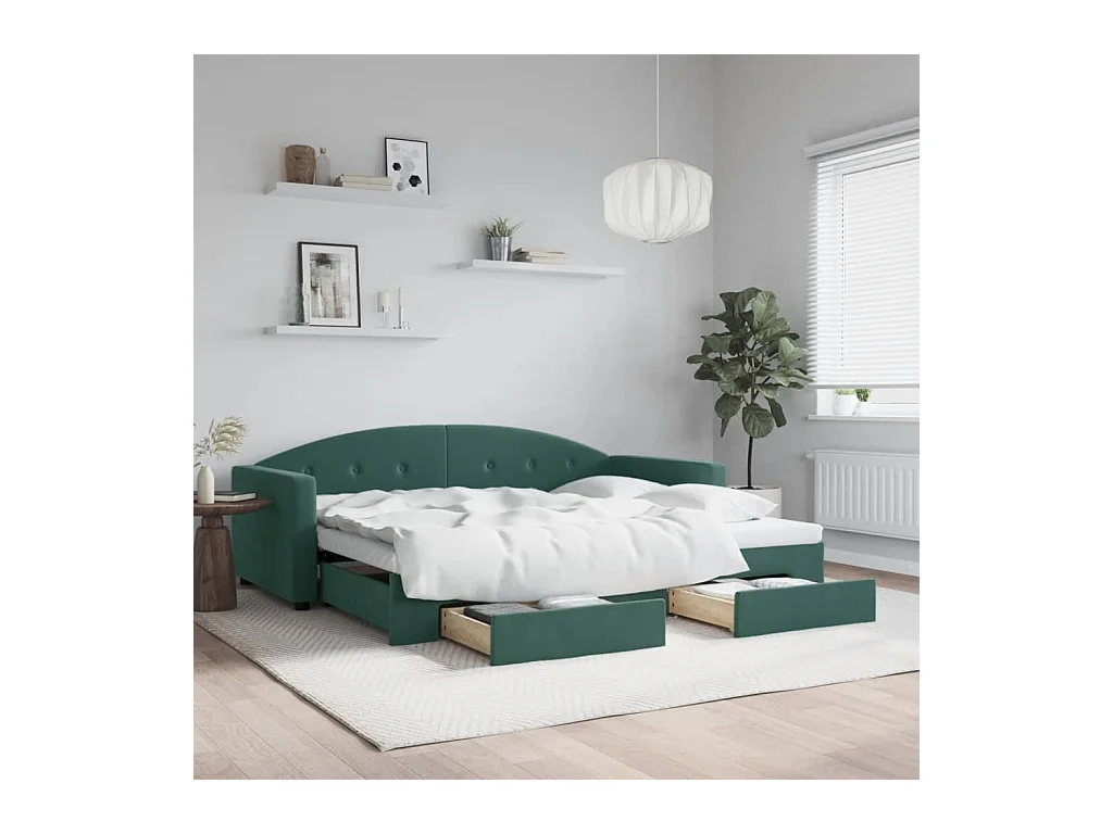 Lit gigogne et tiroirs vert foncé 90x200cm velours WVGQ8689
